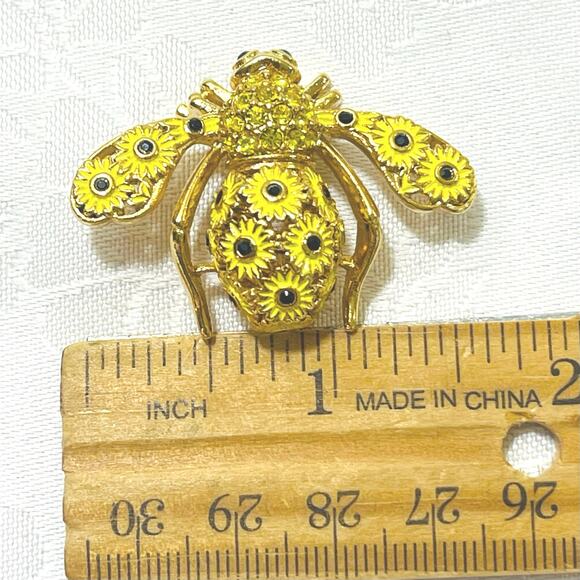 Vtg JOAN RIVERS Sunflower Bee Pin Brooch Crystal Yellow Green Classic Collection - Picture 9 of 11